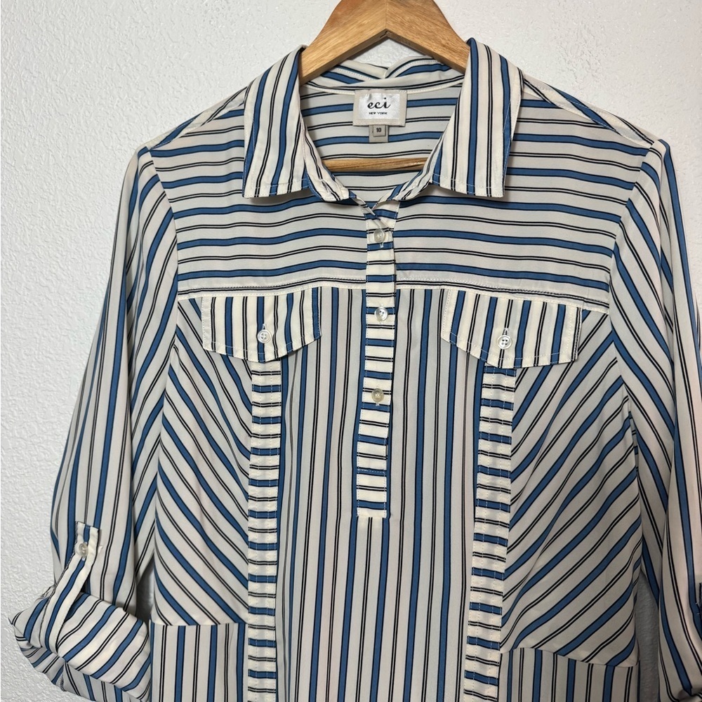 ECI New York Blue and White Striped Long Sleeve Shirt  Dress - Picture 4 of 9